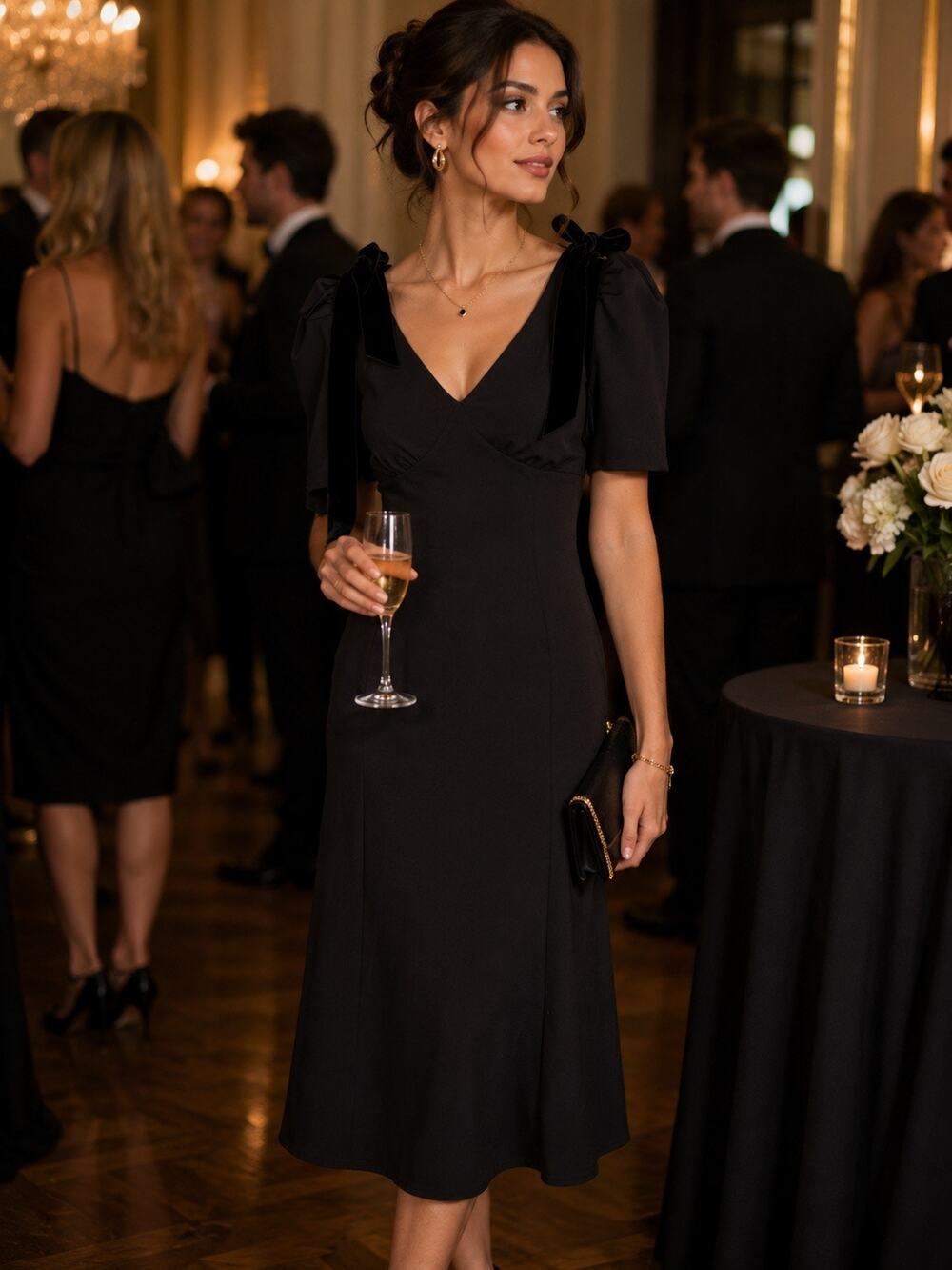 ASTR The Label Ciela Puff-Sleeve V-Neck Midi Dress in Black. Size XS